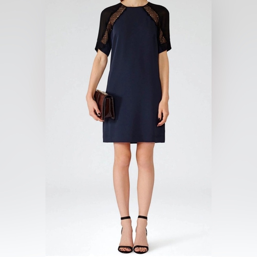Reiss Karlotta Contract Lace Shift Dress, blue/black w/pockets NWOT